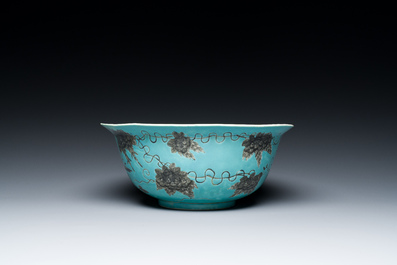 A large Chinese turquoise-ground grisaille-decorated Dayazhai bowl, Yong Qing Chang Chun 永慶長春 mark, Guangxu