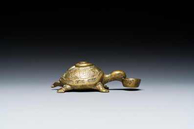 A Chinese inscribed gilt bronze &lsquo;turtle and snake&rsquo; water dropper, probably Qing