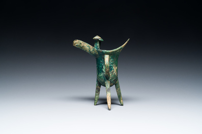 A Chinese archaic bronze ritual wine vessel, 'jue', late Shang dynasty