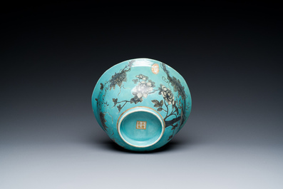 A large Chinese turquoise-ground grisaille-decorated Dayazhai bowl, Yong Qing Chang Chun 永慶長春 mark, Guangxu