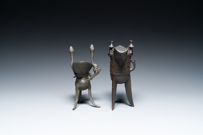 Two Chinese bronze ritual wine vessels, 'jue', 18/19th C.