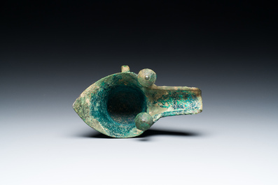 A Chinese archaic bronze ritual wine vessel, 'jue', late Shang dynasty