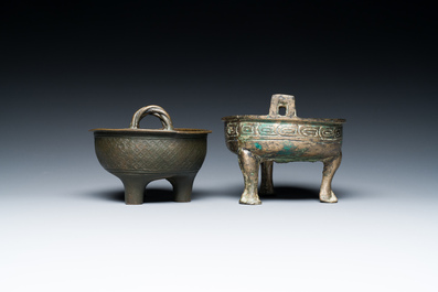 Two Chinese ritual bronze tripod food vessels, 'ding', Western Zhou and Yuan