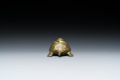 A Chinese inscribed gilt bronze &lsquo;turtle and snake&rsquo; water dropper, probably Qing