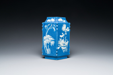 A rare Chinese lozenge-shaped blue-glazed vase with applied floral design, Qianlong mark, Republic