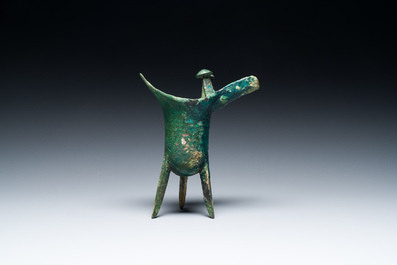 A Chinese archaic bronze ritual wine vessel, 'jue', late Shang dynasty