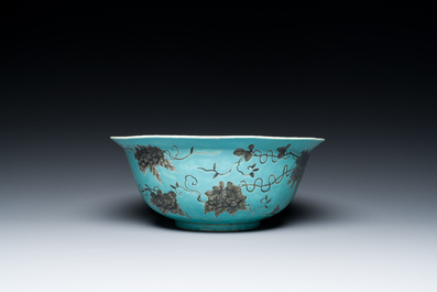 A large Chinese turquoise-ground grisaille-decorated Dayazhai bowl, Yong Qing Chang Chun 永慶長春 mark, Guangxu