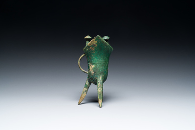 A Chinese archaic bronze ritual wine vessel, 'jue', late Shang dynasty