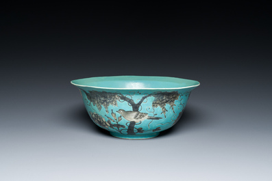 A large Chinese turquoise-ground grisaille-decorated Dayazhai bowl, Yong Qing Chang Chun 永慶長春 mark, Guangxu