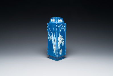 A rare Chinese lozenge-shaped blue-glazed vase with applied floral design, Qianlong mark, Republic