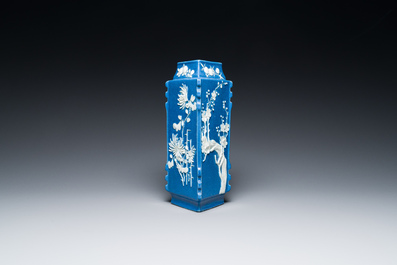 A rare Chinese lozenge-shaped blue-glazed vase with applied floral design, Qianlong mark, Republic