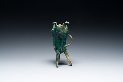 A Chinese archaic bronze ritual wine vessel, 'jue', late Shang dynasty