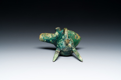 A Chinese archaic bronze ritual wine vessel, 'jue', late Shang dynasty