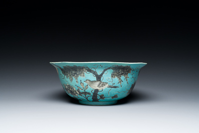 A large Chinese turquoise-ground grisaille-decorated Dayazhai bowl, Yong Qing Chang Chun 永慶長春 mark, Guangxu