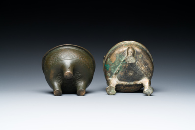 Two Chinese ritual bronze tripod food vessels, 'ding', Western Zhou and Yuan