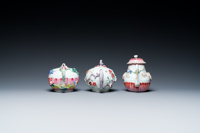 Three Chinese famille rose teapots and covers with applied floral design, Yongzheng