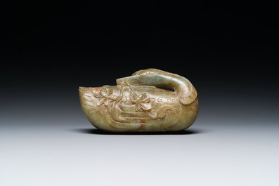 A Chinese celadon jade group of two mandarin ducks, Ming