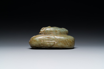 A Chinese celadon jade group of two mandarin ducks, Ming