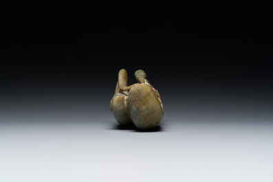 A Chinese celadon jade group of two mandarin ducks, Ming