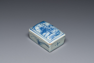 A fine Chinese blue and white rectangular seal paste box and cover, Ming