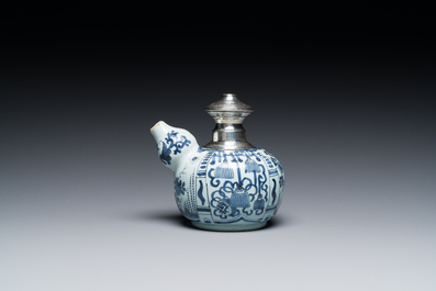 A silver-mounted blue and white Dutch Delft kendi, late 17th C.