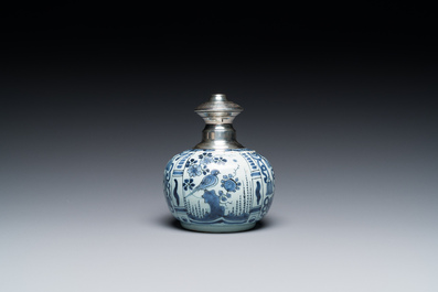 A silver-mounted blue and white Dutch Delft kendi, late 17th C.