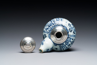 A silver-mounted blue and white Dutch Delft kendi, late 17th C.