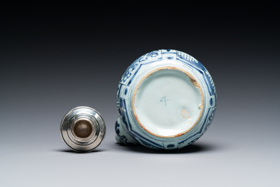 A silver-mounted blue and white Dutch Delft kendi, late 17th C.