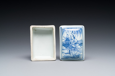 A fine Chinese blue and white rectangular seal paste box and cover, Ming