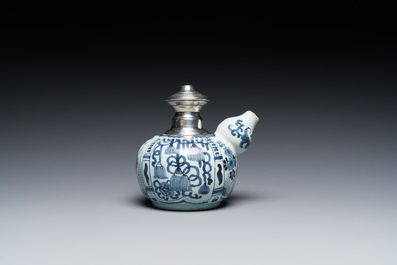 A silver-mounted blue and white Dutch Delft kendi, late 17th C.