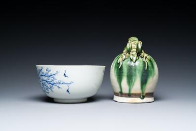 A Chinese blue and white 'Bleu de Hue' bowl and a green-glazed lime pot for the Vietnamese market, the bowl marked Tho, 18/19th C.