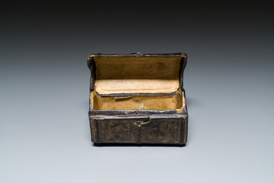 A French cuir-bouilli and iron-banded wooden casket with two portraits of half-figures, 15th C.