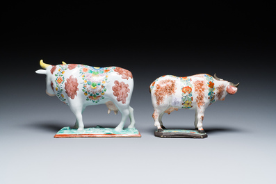Two polychrome petit feu Dutch Delft standing cows, 18th C.