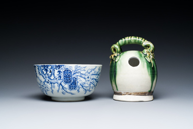 A Chinese blue and white 'Bleu de Hue' bowl and a green-glazed lime pot for the Vietnamese market, the bowl marked Tho, 18/19th C.