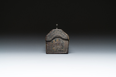 A French cuir-bouilli and iron-banded wooden casket with two portraits of half-figures, 15th C.