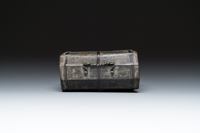 A French cuir-bouilli and iron-banded wooden casket with two portraits of half-figures, 15th C.