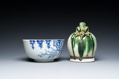 A Chinese blue and white 'Bleu de Hue' bowl and a green-glazed lime pot for the Vietnamese market, the bowl marked Tho, 18/19th C.