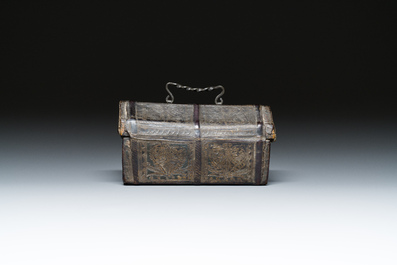 A French cuir-bouilli and iron-banded wooden casket with two portraits of half-figures, 15th C.