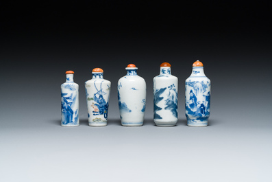 Five Chinese blue, white and wucai snuff bottles, 19th C.