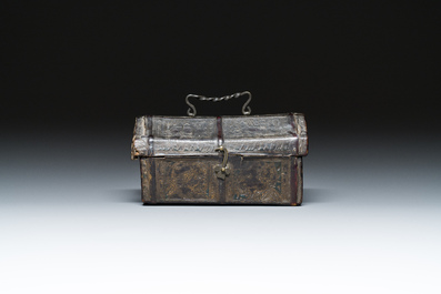 A French cuir-bouilli and iron-banded wooden casket with two portraits of half-figures, 15th C.