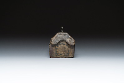 A French cuir-bouilli and iron-banded wooden casket with two portraits of half-figures, 15th C.