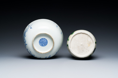 A Chinese blue and white 'Bleu de Hue' bowl and a green-glazed lime pot for the Vietnamese market, the bowl marked Tho, 18/19th C.