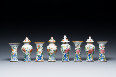 Eight small Chinese famille rose and verte vases and a larger square vase, Yongzheng/Qianlong