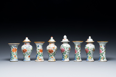 Eight small Chinese famille rose and verte vases and a larger square vase, Yongzheng/Qianlong