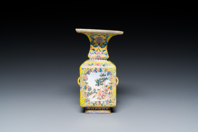 A Chinese yellow-ground Canton enamel 'European subject' vase, Qianlong mark and of the period