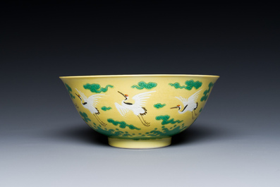 A Chinese yellow-ground 'cranes' bowl, Yongzheng mark and probably of the period