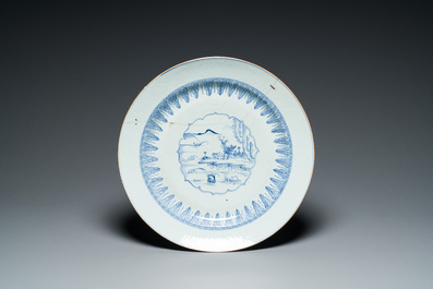 Three Chinese blue and white anhua-decorated dishes with landscape medallions, Yongzheng