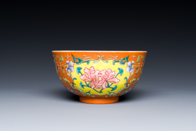 A Chinese coral red-ground imperial style falangcai bowl, Republic