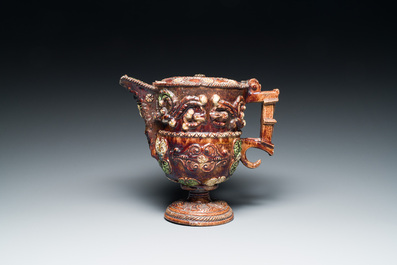 A French polychrome lead-glazed earthenware puzzle jug, Saintonge, 1st half 17th C.