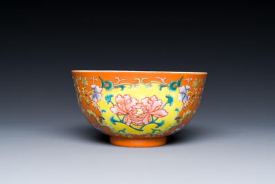 A Chinese coral red-ground imperial style falangcai bowl, Republic